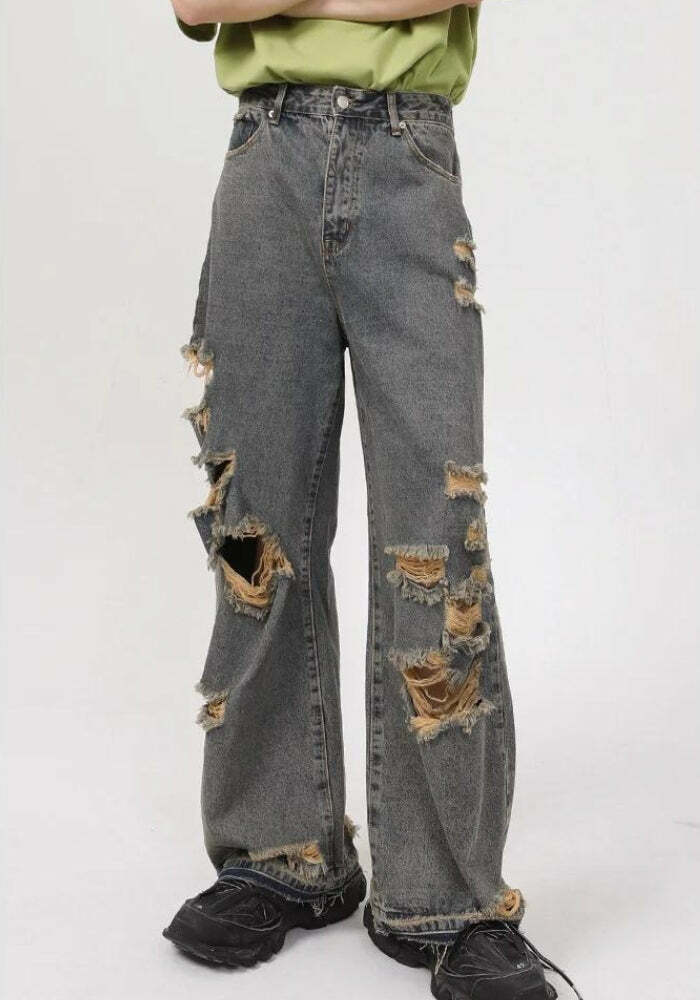 Y2K Grunge Ripped Straight Leg Jeans - 2000s Fashion Trendy Style