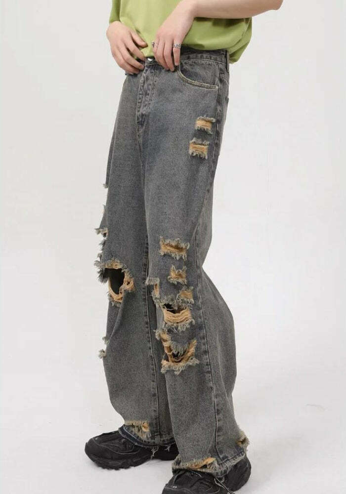 Y2K Grunge Ripped Straight Leg Jeans - 2000s Fashion Trendy Style