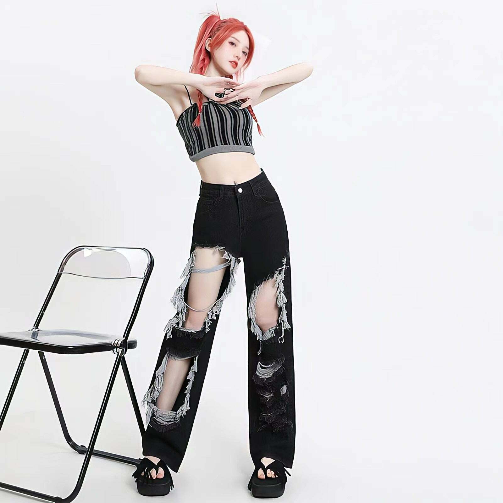 Y2K Grunge Ripped Wide Leg Jeans - 2000s Fashion Trendy Style