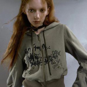 Y2K Grunge Ruched Sleeve Hoodie - Retro 2000s Fashion Essential