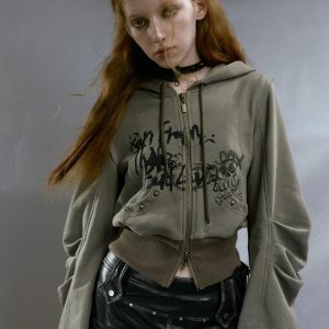 Y2K Grunge Ruched Sleeve Hoodie - Retro 2000s Fashion Essential