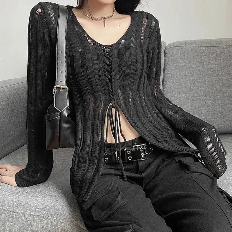 Y2K Grunge Sheer Lace-Up Knitted Top - Trendy 2000s Fashion Essential