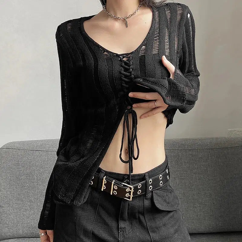 Y2K Grunge Sheer Lace-Up Knitted Top - Trendy 2000s Fashion Essential