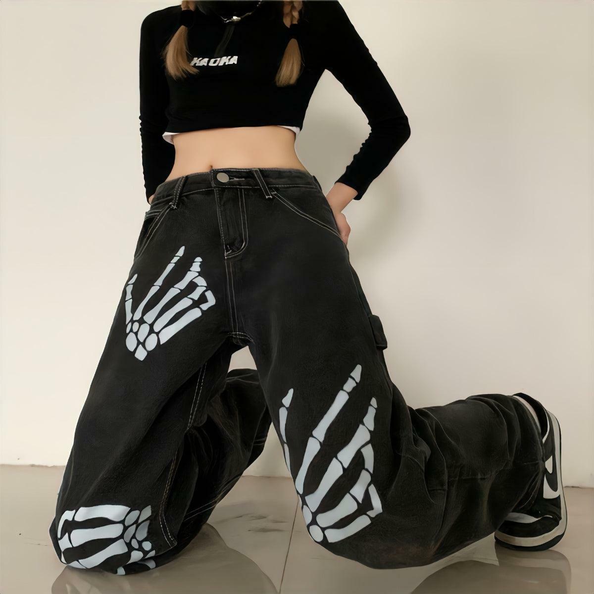 Y2K Grunge Skeleton Hand Printed Jeans - 2000s Fashion Statement