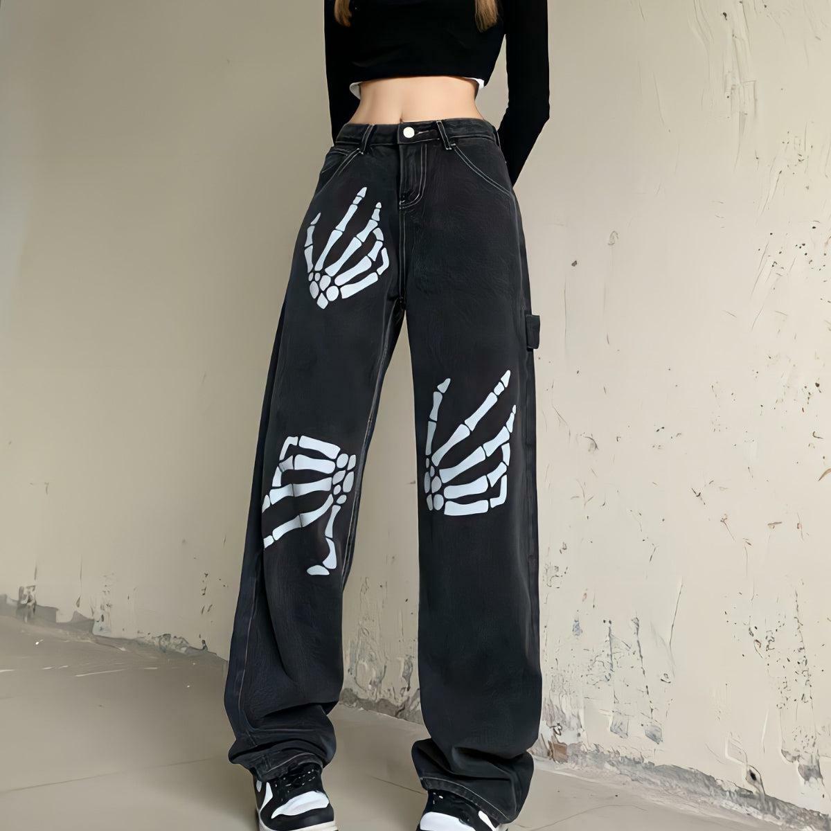 Y2K Grunge Skeleton Hand Printed Jeans - 2000s Fashion Statement