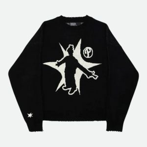 Y2K Grunge Starboy Distressed Knitted Sweater - 2000s Fashion Essential