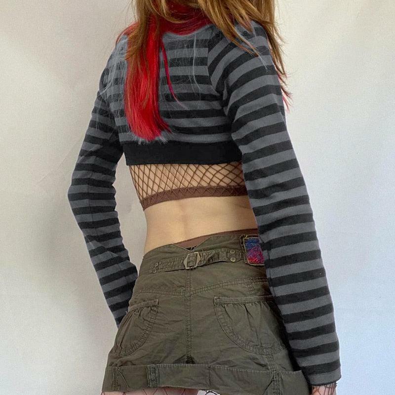 Y2K Grunge Striped Button-Up Crop Top - Retro 2000s Fashion Essential