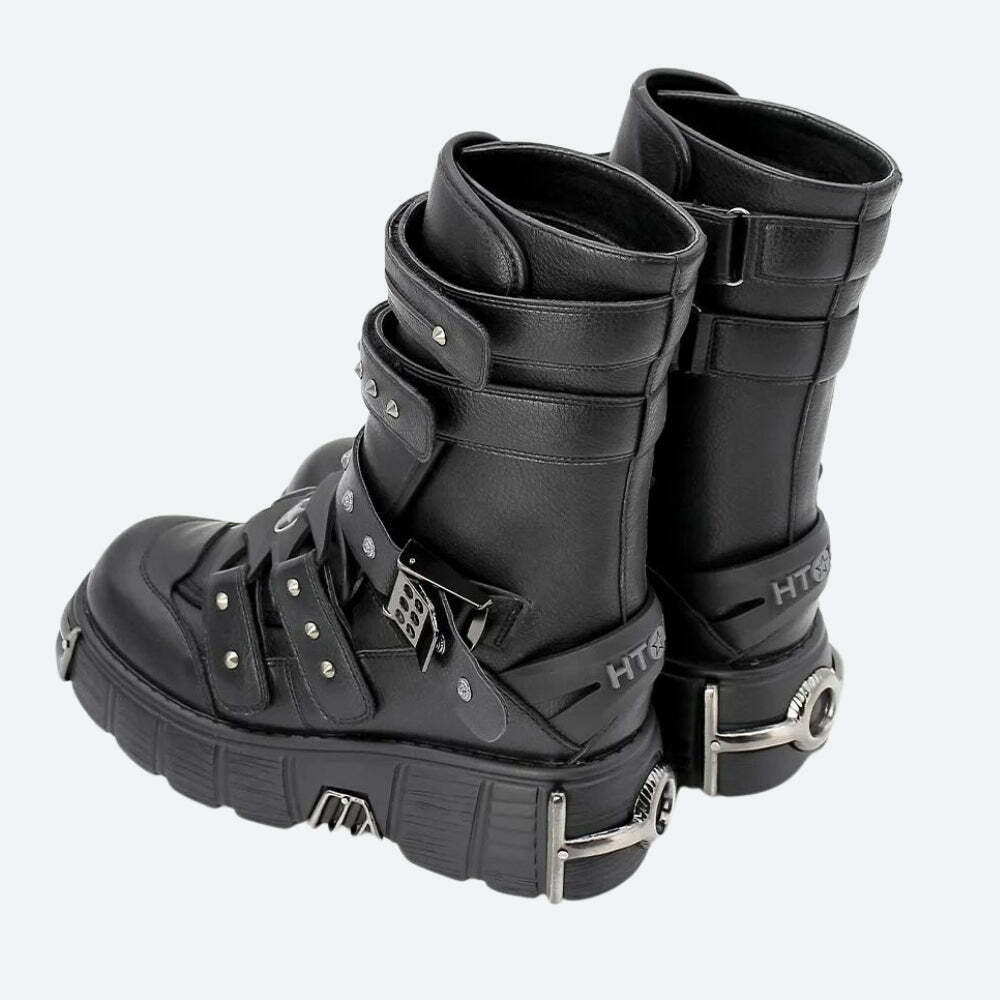 Y2K Grunge Velcro Straps Chunky Platform Boots - 2000s Fashion Trend