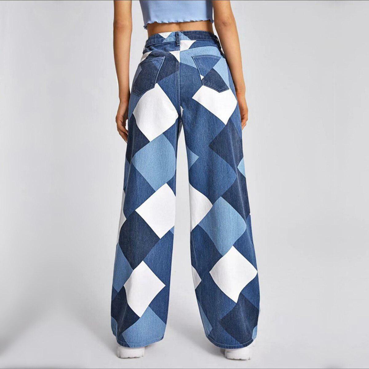 Y2K Harlequin Wide Leg Jeans - Trendy 2000s Fashion Statement Piece