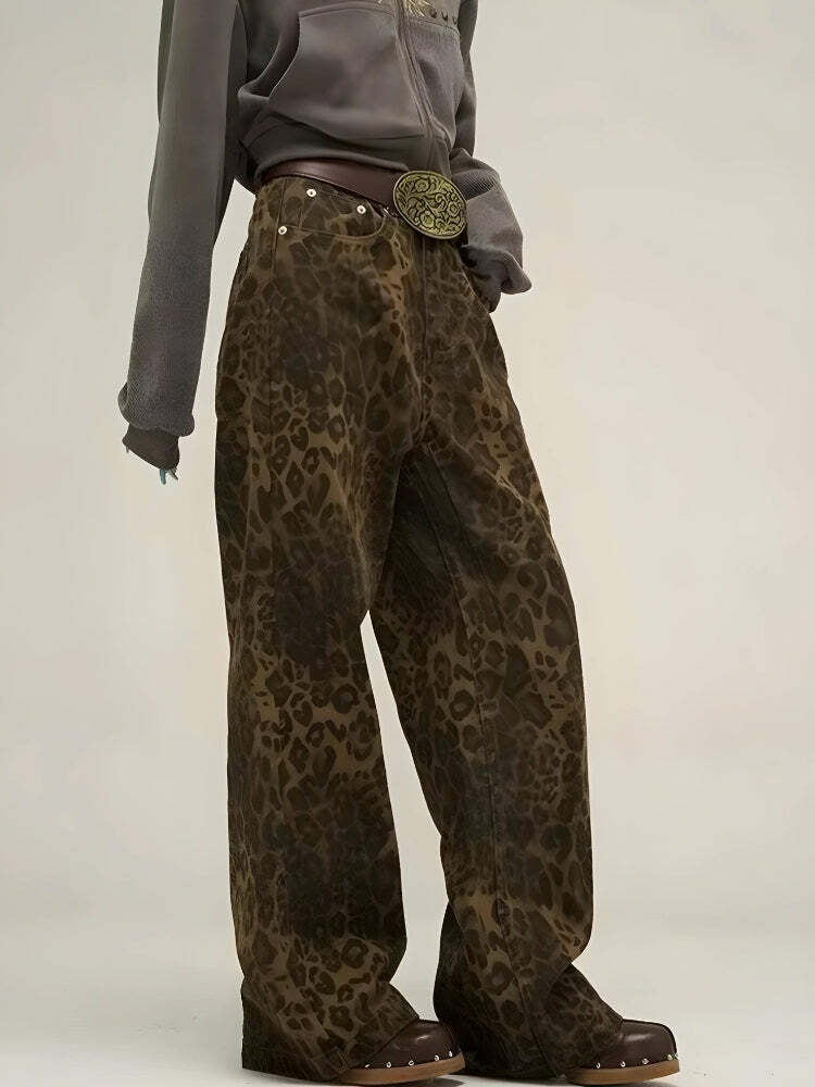 Y2K Leopard Print Straight Leg Pants - Trendy 2000s Style Outfit