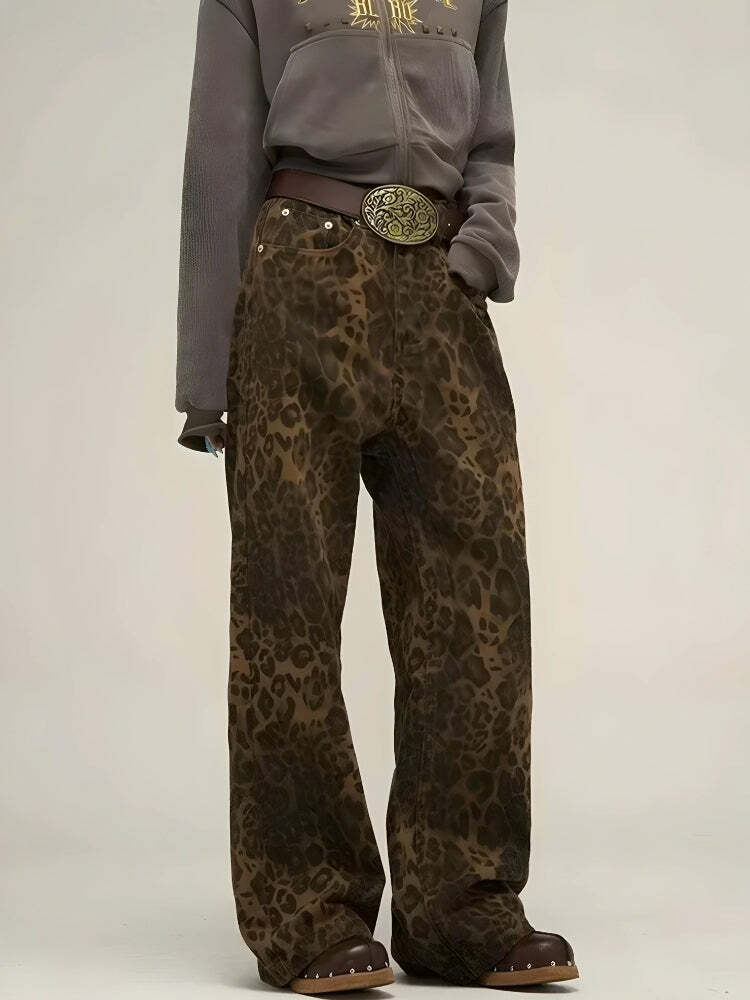 Y2K Leopard Print Straight Leg Pants - Trendy 2000s Style Outfit