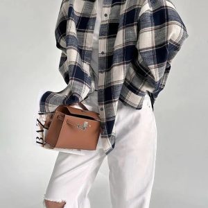 Y2K Oversized Plaid Shirt - Trendy 2000s Fashion for Effortless Style