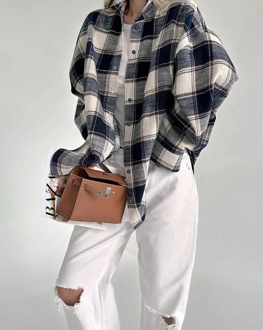 Y2K Oversized Plaid Shirt - Trendy 2000s Fashion for Effortless Style