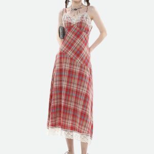 Y2K Plaid Lace Midi Dress - Trendy 2000s Fashion for Stylish Outfits