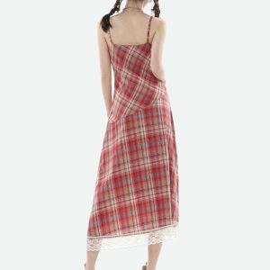 Y2K Plaid Lace Midi Dress - Trendy 2000s Fashion for Stylish Outfits