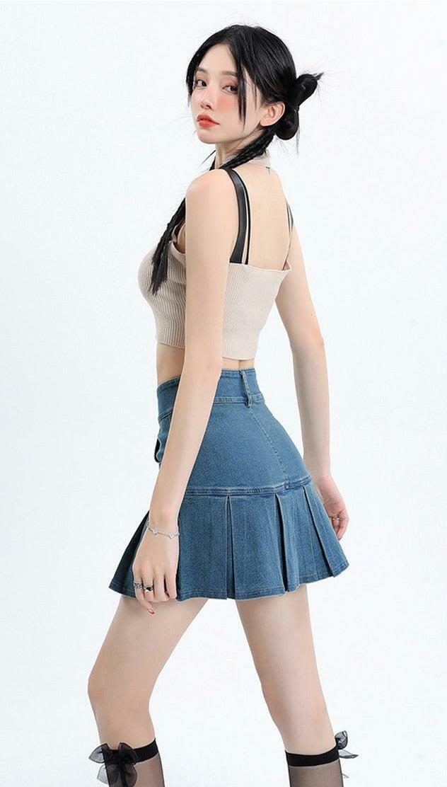 Y2K Pleated Jean Mini Skort - Trendy 2000s Style for Effortless Aesthetic