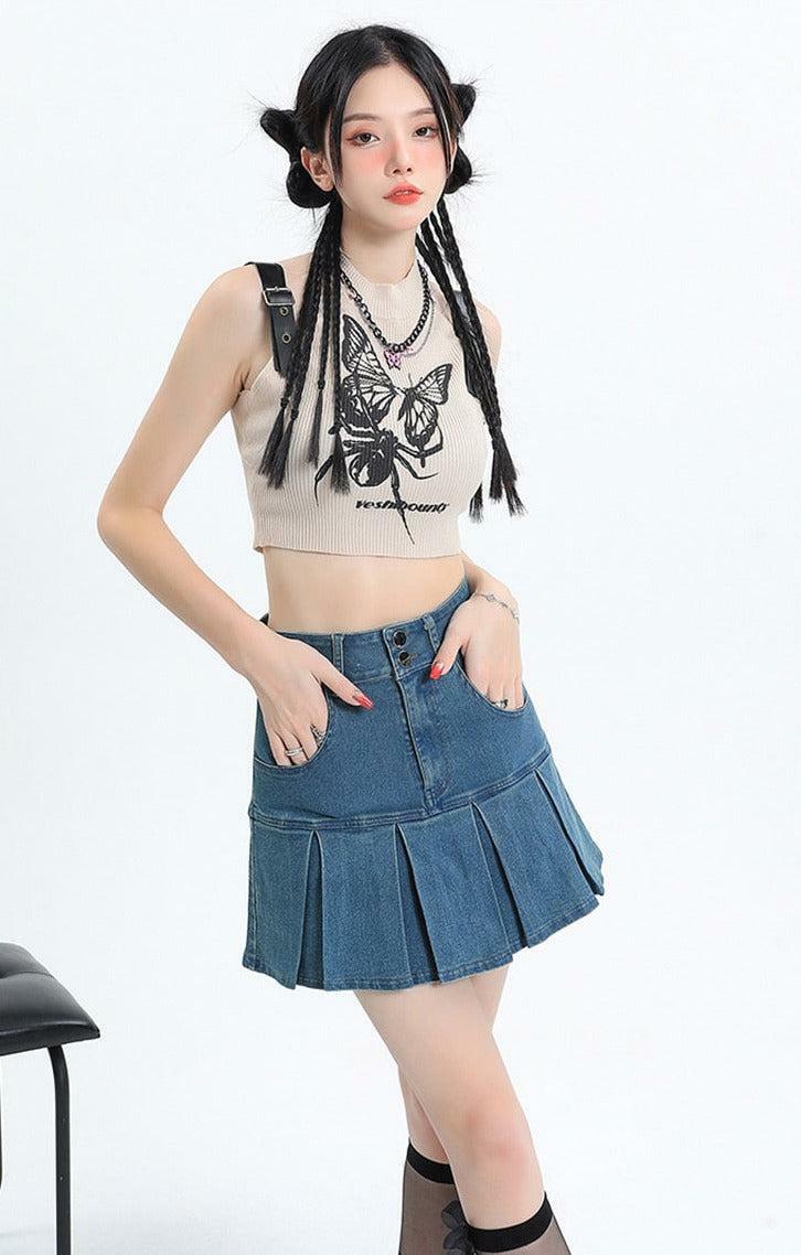 Y2K Pleated Jean Mini Skort - Trendy 2000s Style for Effortless Aesthetic