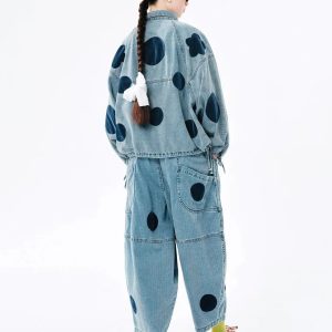 Y2K Polka Dot Button-Up Denim Jacket - Retro 2000s Fashion Essential