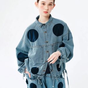 Y2K Polka Dot Button-Up Denim Jacket - Retro 2000s Fashion Essential