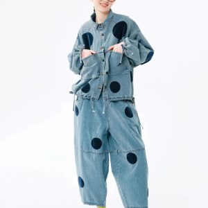 Y2K Polka Dot Button-Up Denim Jacket - Retro 2000s Fashion Essential