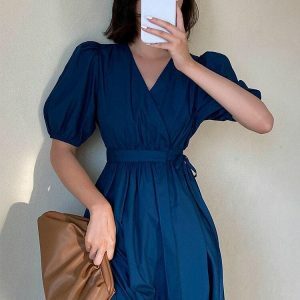 Y2K Puff Sleeve Wrap Midi Dress - Trendy 2000s Fashion Aesthetic