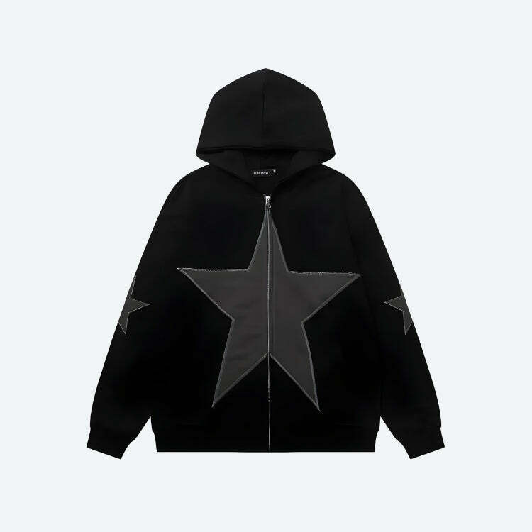 Y2K Star Patch Zip-Up Hoodie: Trendy 2000s Fashion Essential