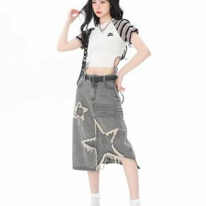 Y2K Star Patchwork Midi Skirt - Trendy 2000s Fashion Statement Piece