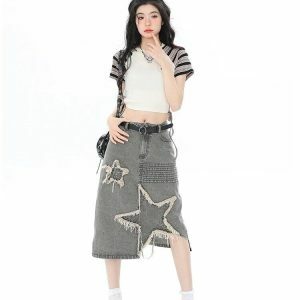 Y2K Star Patchwork Midi Skirt - Trendy 2000s Fashion Statement Piece