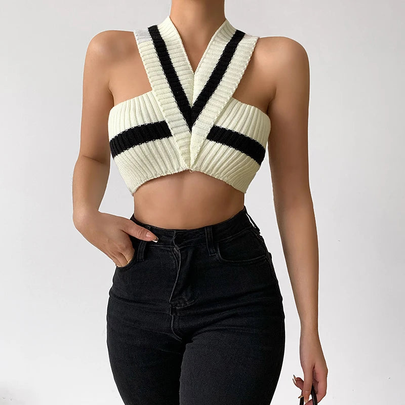 Y2K Striped Knitted Crop Top - Trendy 2000s Fashion Essential