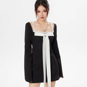 Y2K Striped Lace Strap Bow Mini Dress - Trendy 2000s Fashion Outfit