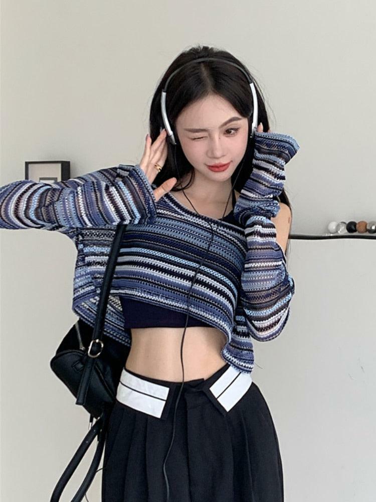 Y2K Striped Wide Neck Crop Sweater - Trendy 2000s Fashion Essential