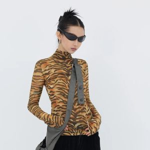 Y2K Tiger Mesh Top: Trendy 2000s Fashion Aesthetic for Bold Outfits