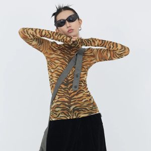 Y2K Tiger Mesh Top: Trendy 2000s Fashion Aesthetic for Bold Outfits