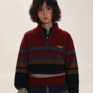 Y2K Vintage Aesthetic Knitted Zip Sweater - 2000s Style Essential