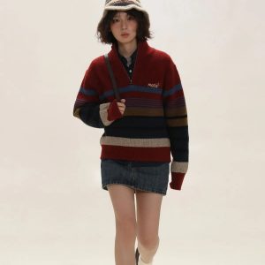 Y2K Vintage Aesthetic Knitted Zip Sweater - 2000s Style Essential