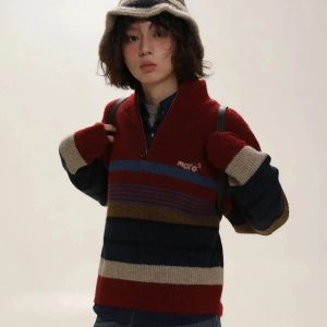 Y2K Vintage Aesthetic Knitted Zip Sweater - 2000s Style Essential