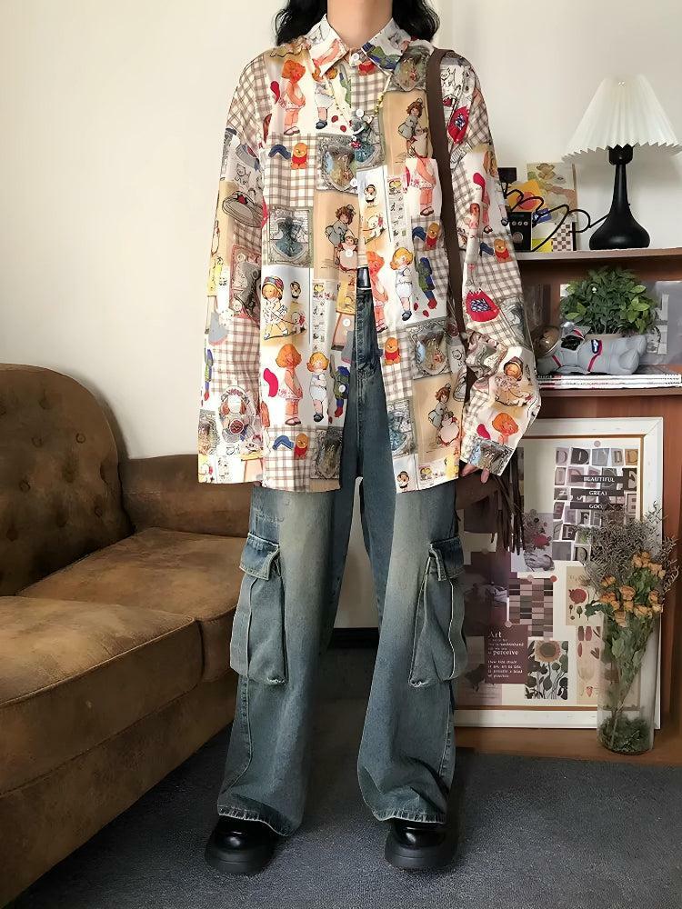 Y2K Vintage Cartoon Oversized Shirt - Trendy 2000s Style Fashion