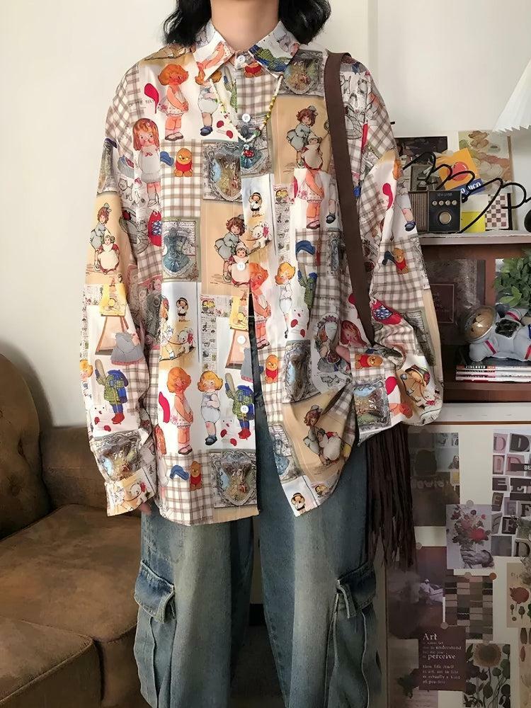 Y2K Vintage Cartoon Oversized Shirt - Trendy 2000s Style Fashion