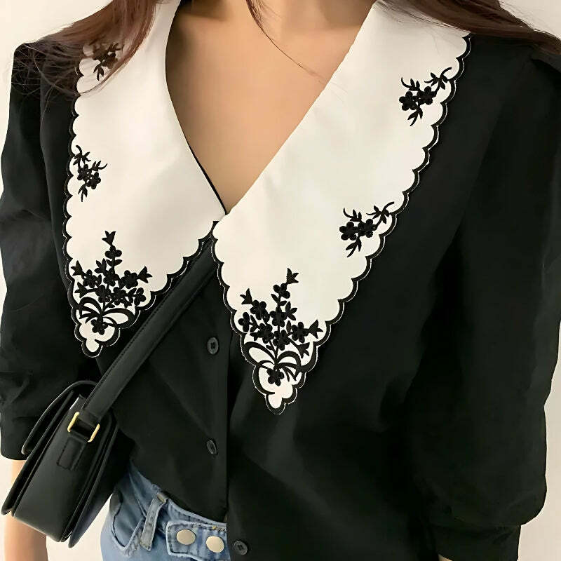 Y2K Vintage Embroidered Collar Shirt - Retro 2000s Fashion Essential