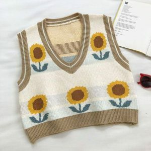 Y2K Vintage Flower Sleeveless Sweater - Retro 2000s Fashion Top