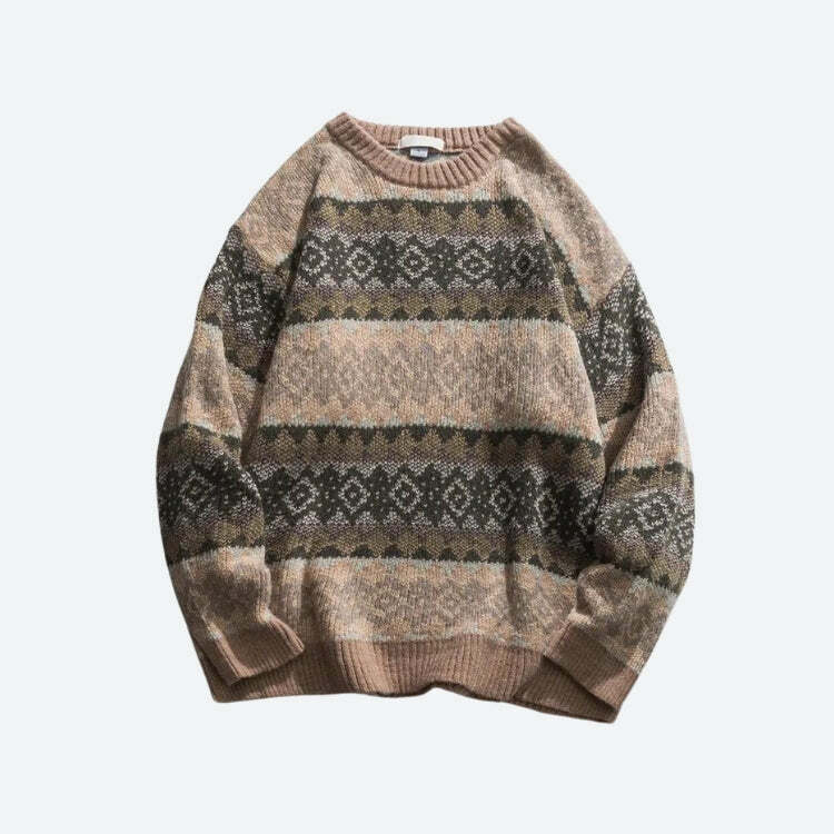 Y2K Vintage Jacquard Knitted Sweater - Retro 2000s Fashion Essential