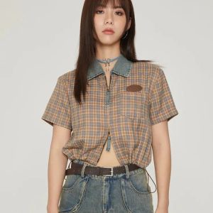 Y2K Vintage Plaid Crop Shirt - Retro 2000s Fashion Aesthetic Top