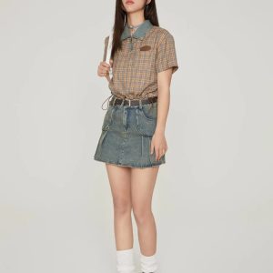 Y2K Vintage Plaid Crop Shirt - Retro 2000s Fashion Aesthetic Top