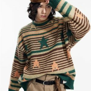 Y2K Vintage Striped Knitted Sweater - Retro 2000s Fashion Essential